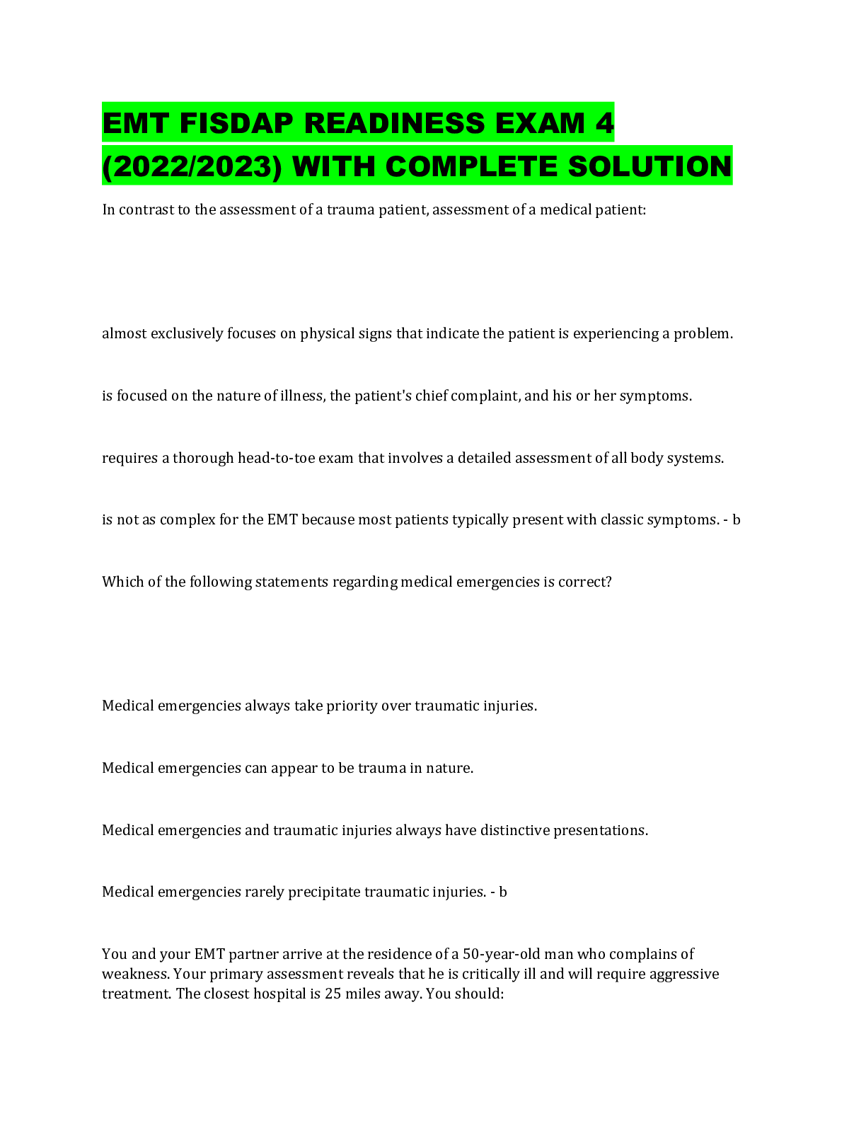 Preview image for EMT FISDAP READINESS EXAM 4 (2022/2023) WITH COMPLETE SOLUTION